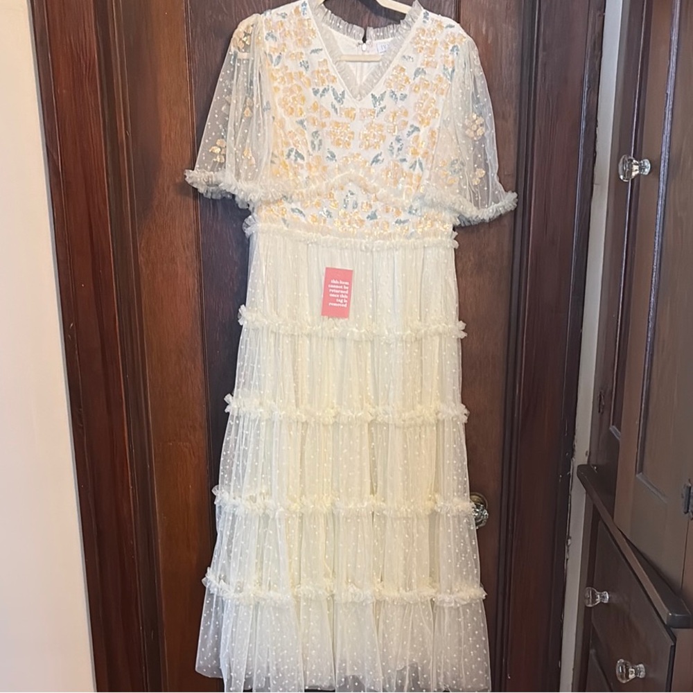 Ivy City Co Cream and Blue Floral Maxi Dress